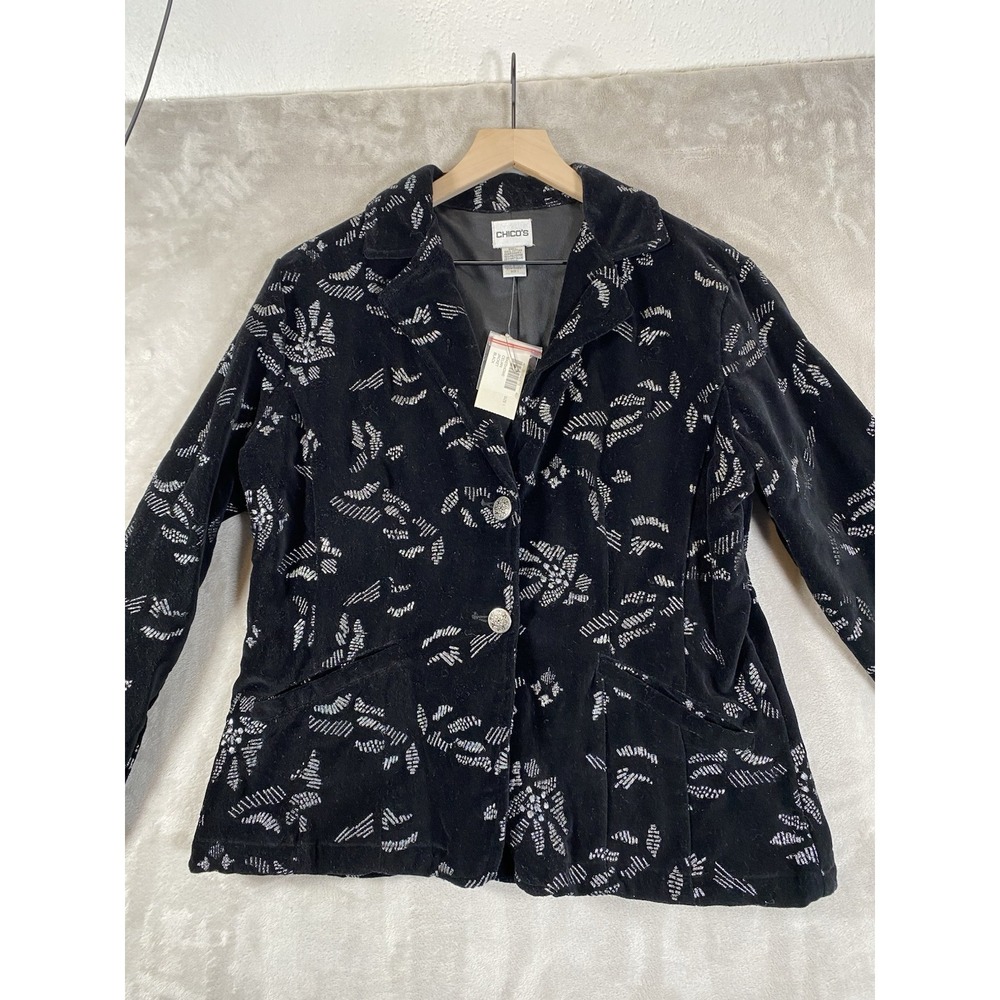 Chicos Jacket Womens 1 Black Velvet  Silver Embroidered 2 Button Blazer Lined